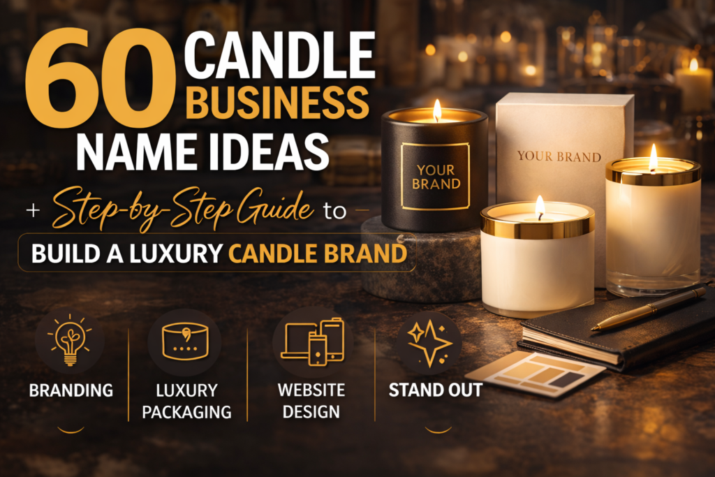 Discover 60 candle business name ideas and learn how to build a luxury candle brand with premium branding, packaging, and high-converting Shopify landing page design.