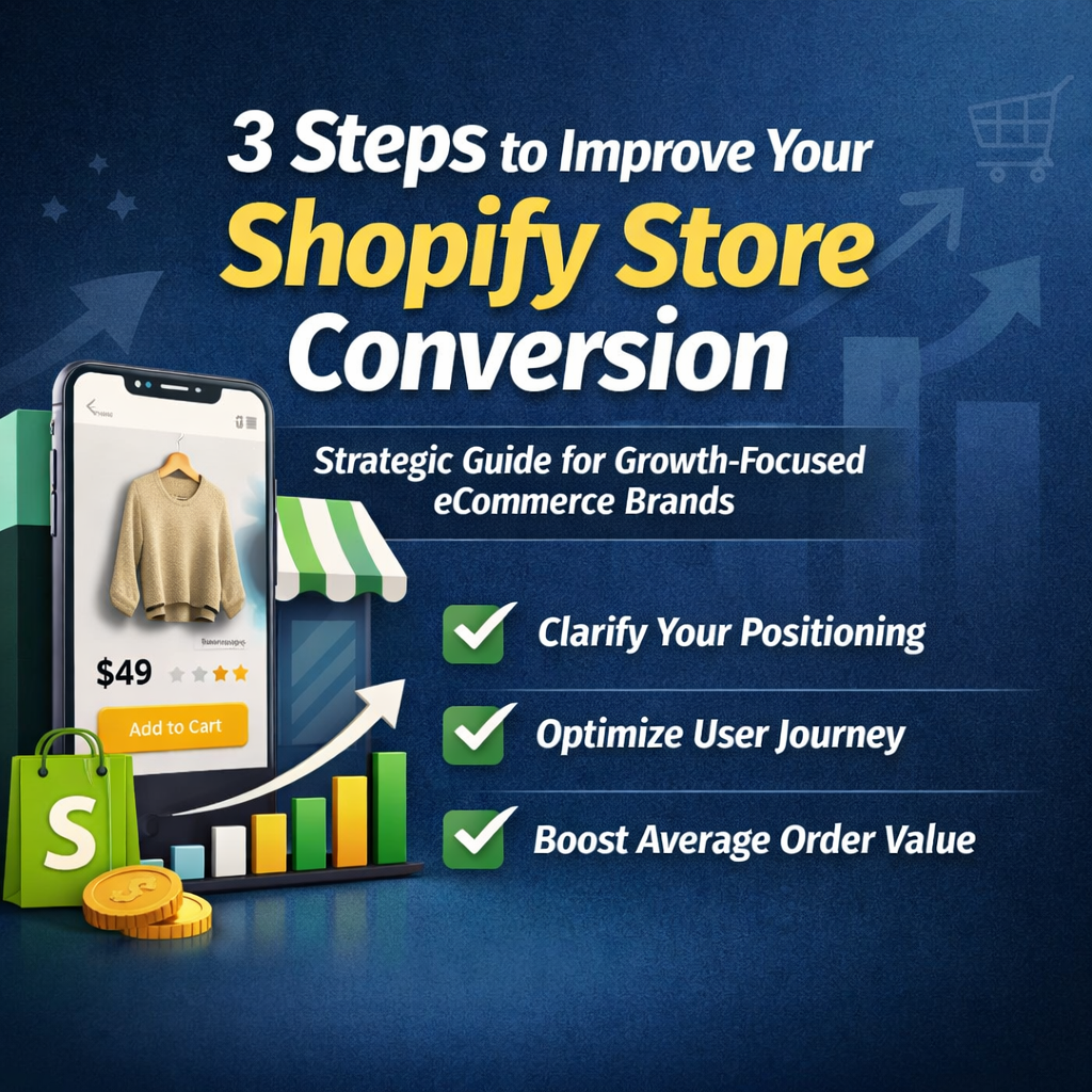 Learn 3 strategic steps to improve your Shopify store conversion. Expert insights on branding, UX, and revenue growth for ecommerce founders.