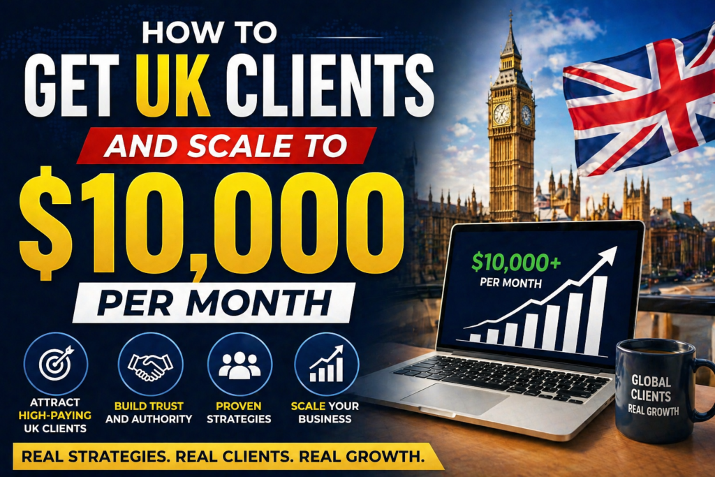 Learn how to get clients from the UK and scale to $10,000/month with proven strategies, positioning, and branding systems that attract high-paying clients.