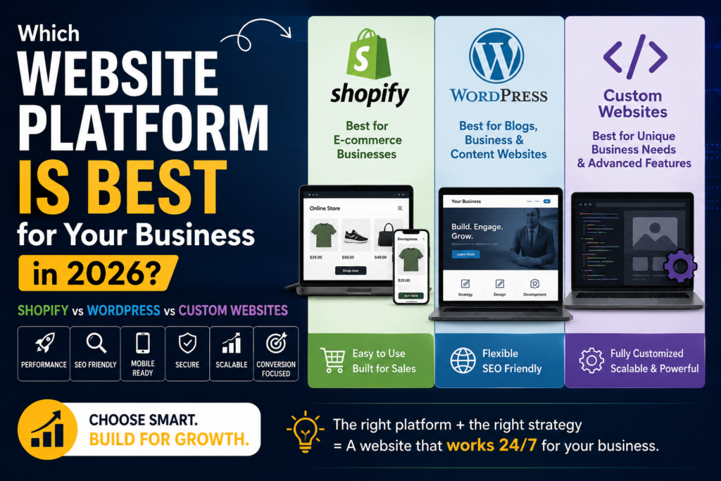 Discover whether Shopify, WordPress, or custom websites are best for your business growth, SEO, and conversions in 2026.