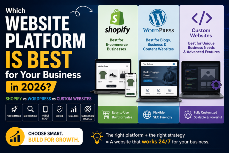 Discover whether Shopify, WordPress, or custom websites are best for your business growth, SEO, and conversions in 2026.